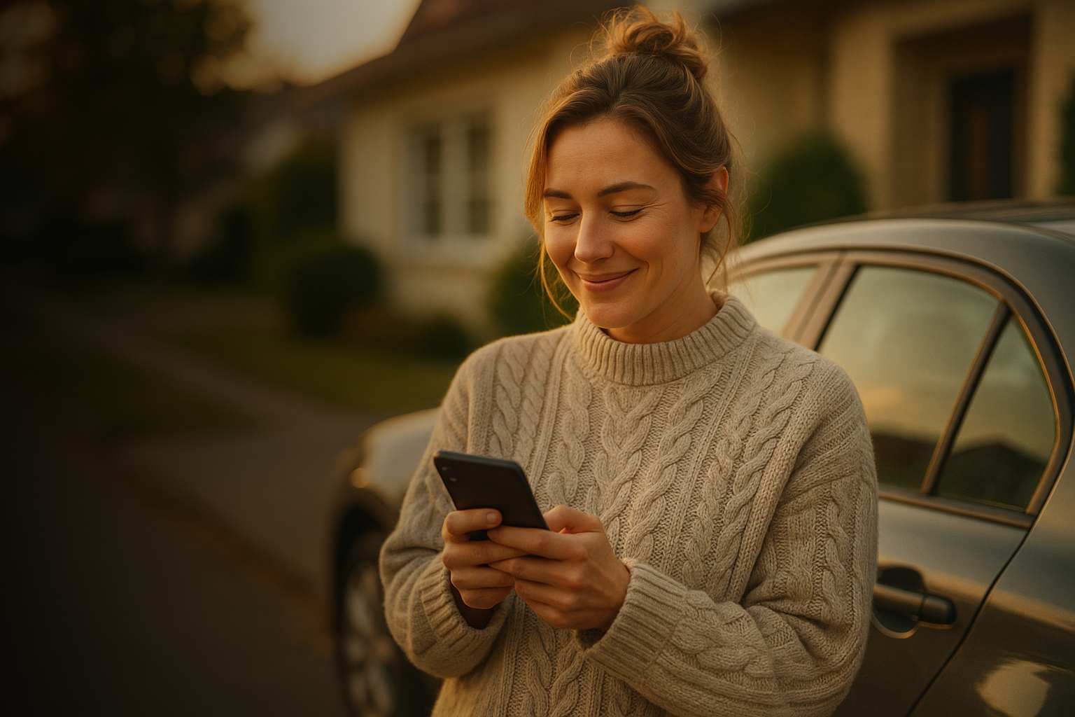 Eine Frau, die vor einem Auto auf ihr Smartphone schaut
